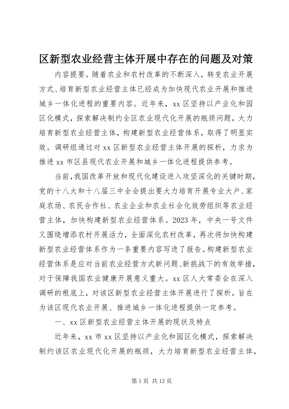 2023年区新型农业经营主体发展中存在的问题及对策.docx_第1页