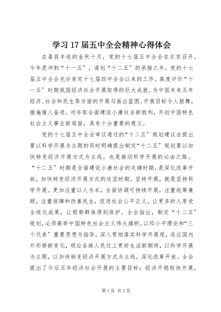 2023年学习17届五中全会精神心得体会.docx_第1页