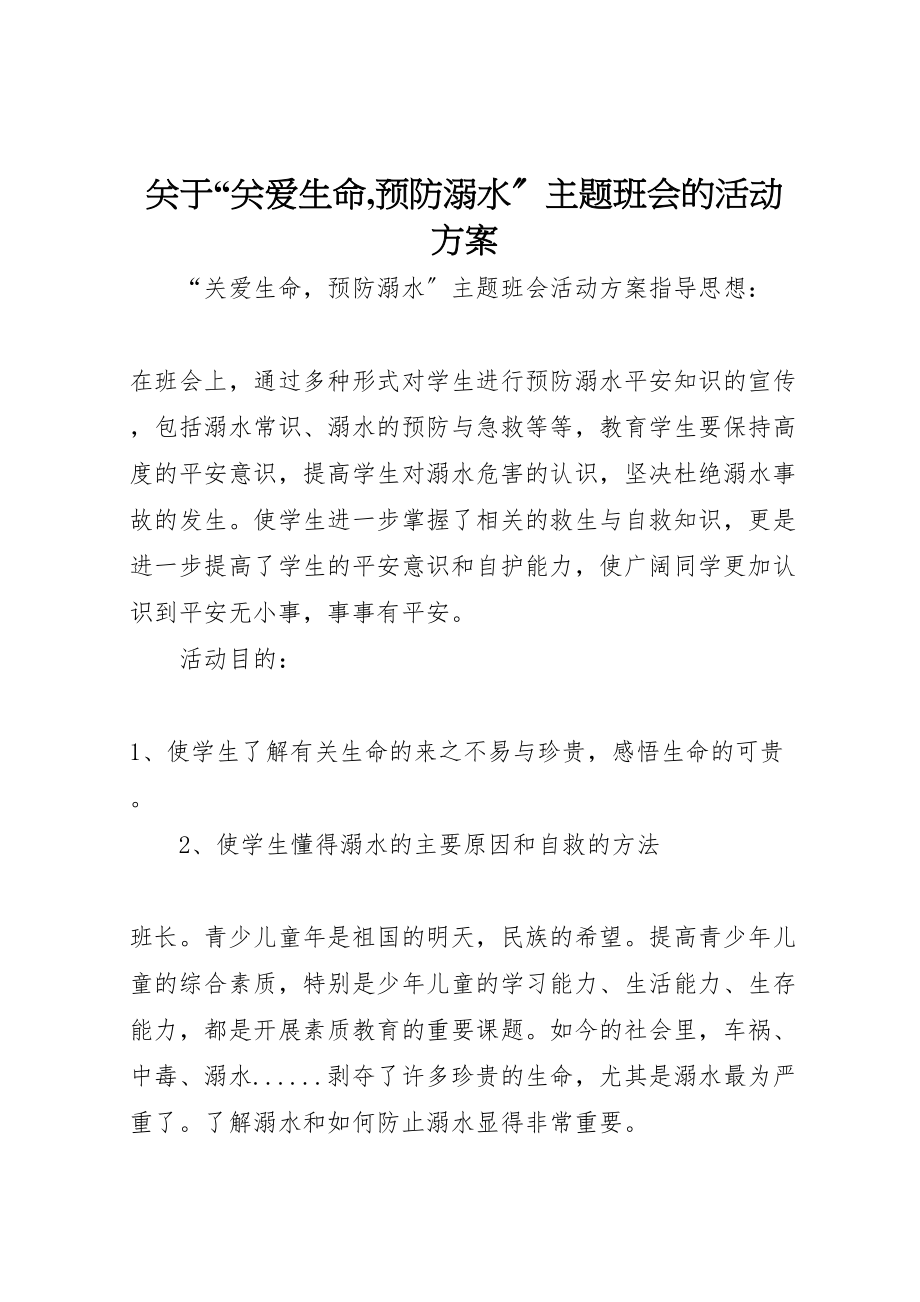 2023年关于关爱生命,预防溺水主题班会的活动方案.doc_第1页