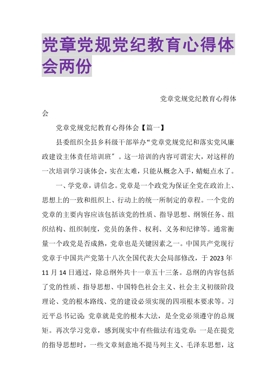 2023年党章党规党纪教育心得体会两份.doc_第1页