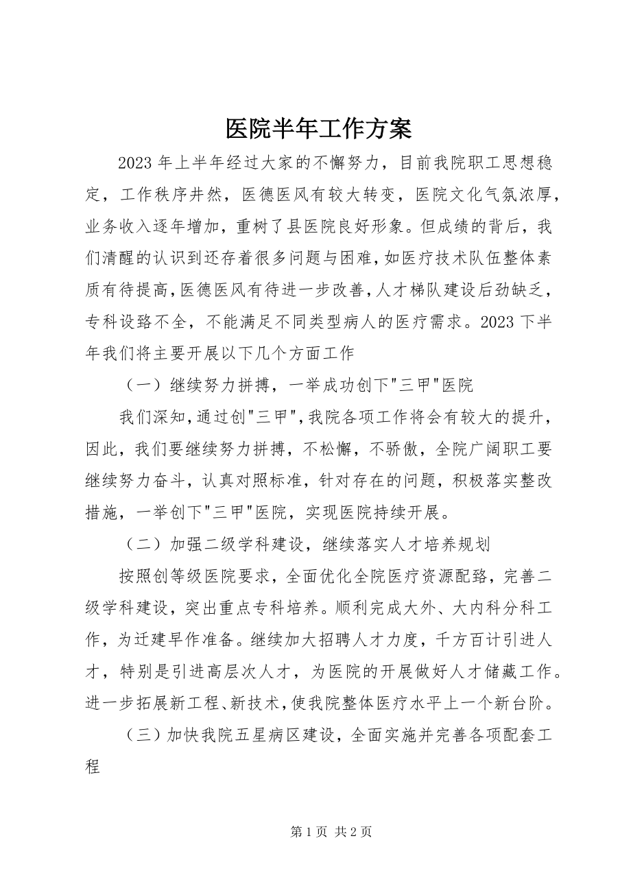 2023年医院半年工作计划.docx_第1页