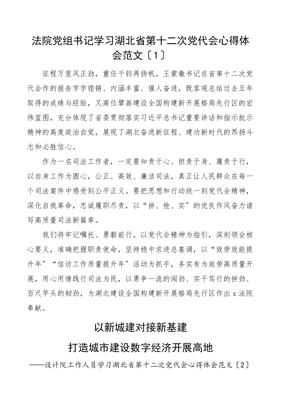 学习心得体会学习湖北省第十二次党代会心得体会范文4篇研讨发言材料范文.docx_第1页