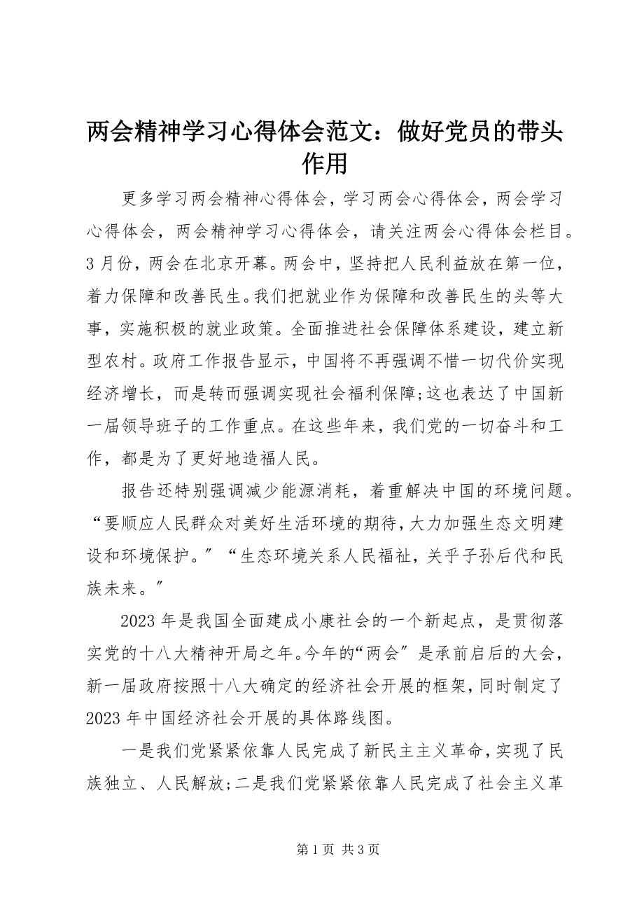 2023年两会精神学习心得体会做好党员的带头作用.docx_第1页