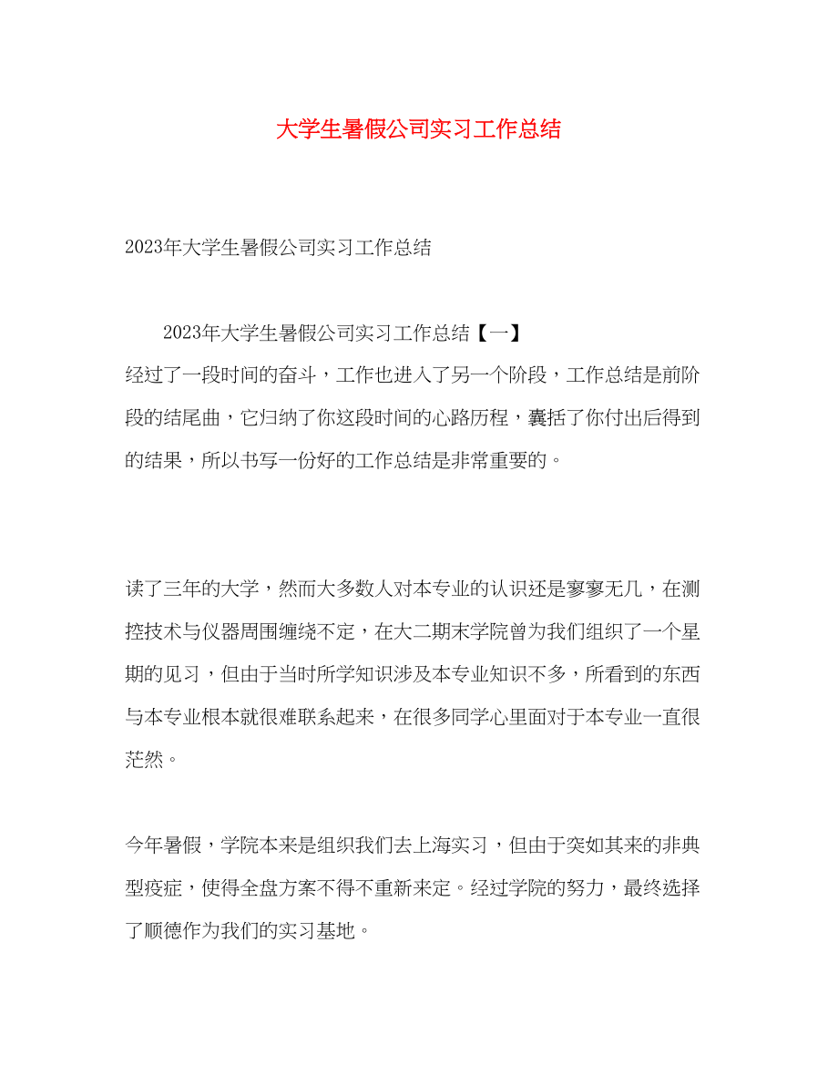 2023年大学生暑假公司实习工作总结.docx_第1页