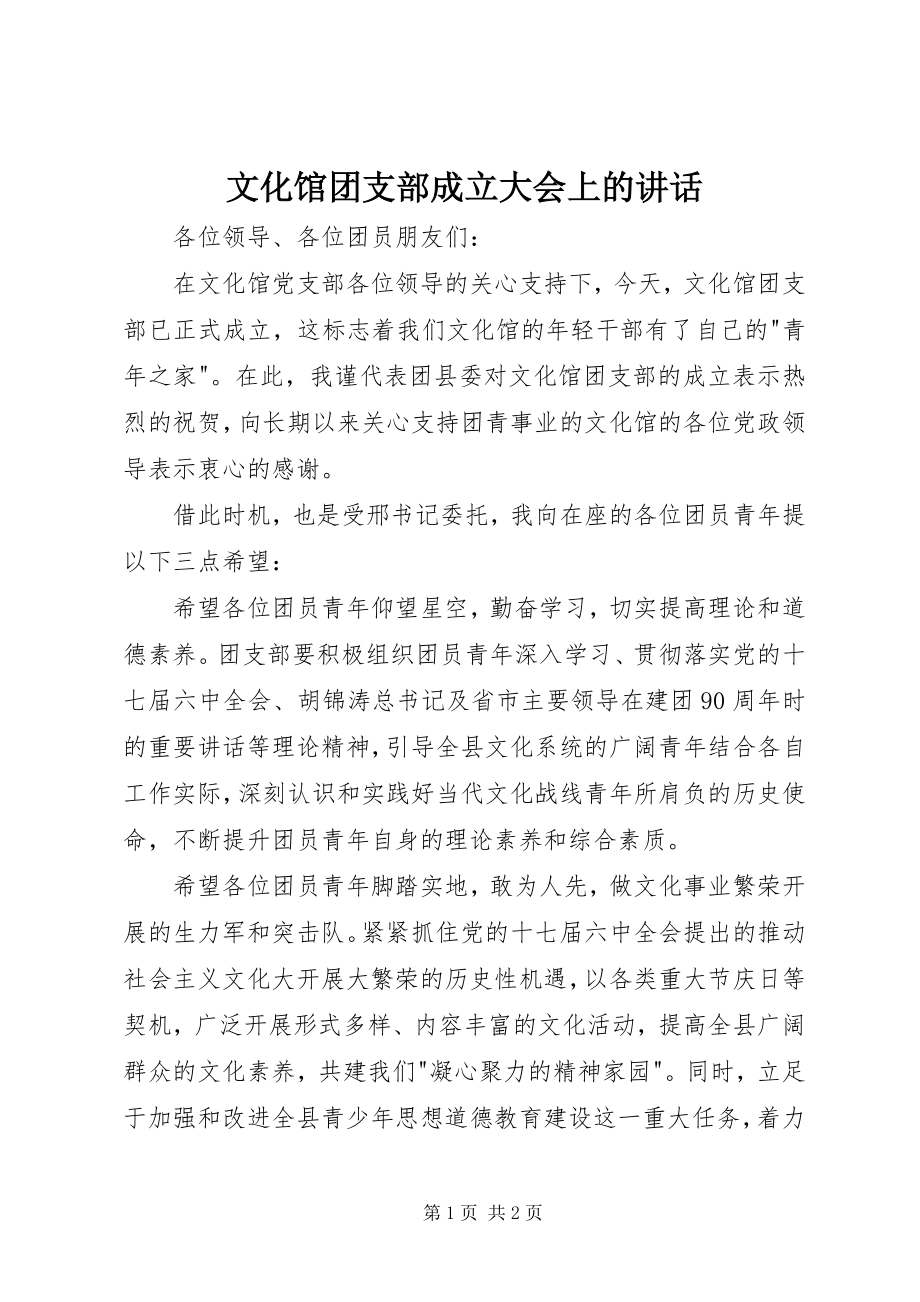 2023年文化馆团支部成立大会上的致辞.docx_第1页