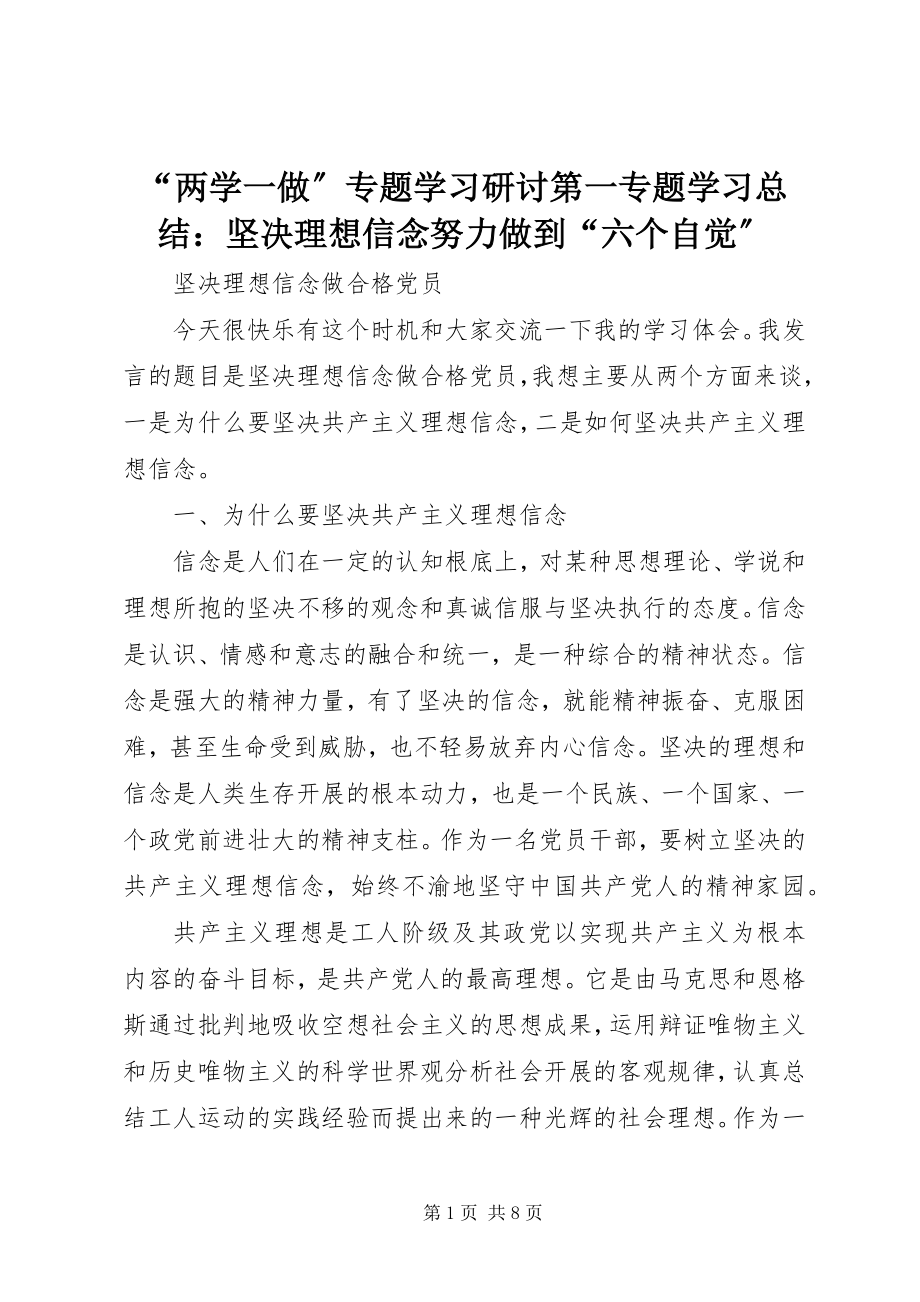 2023年两学一做专题学习研讨第一专题学习总结坚理想信念努力做到六个自觉.docx_第1页