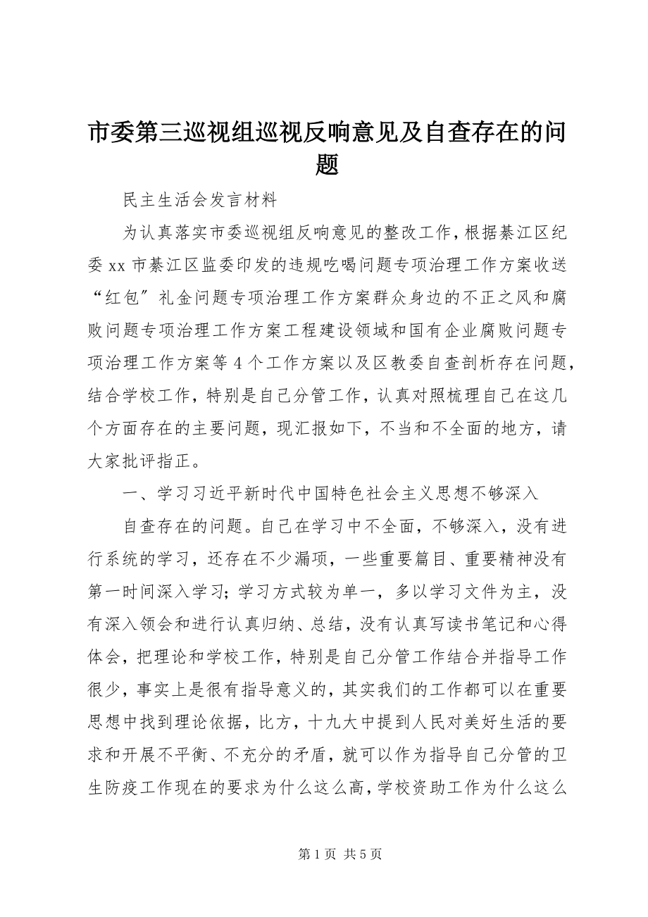 2023年市委第三巡视组巡视反馈意见及自查存在的问题.docx_第1页