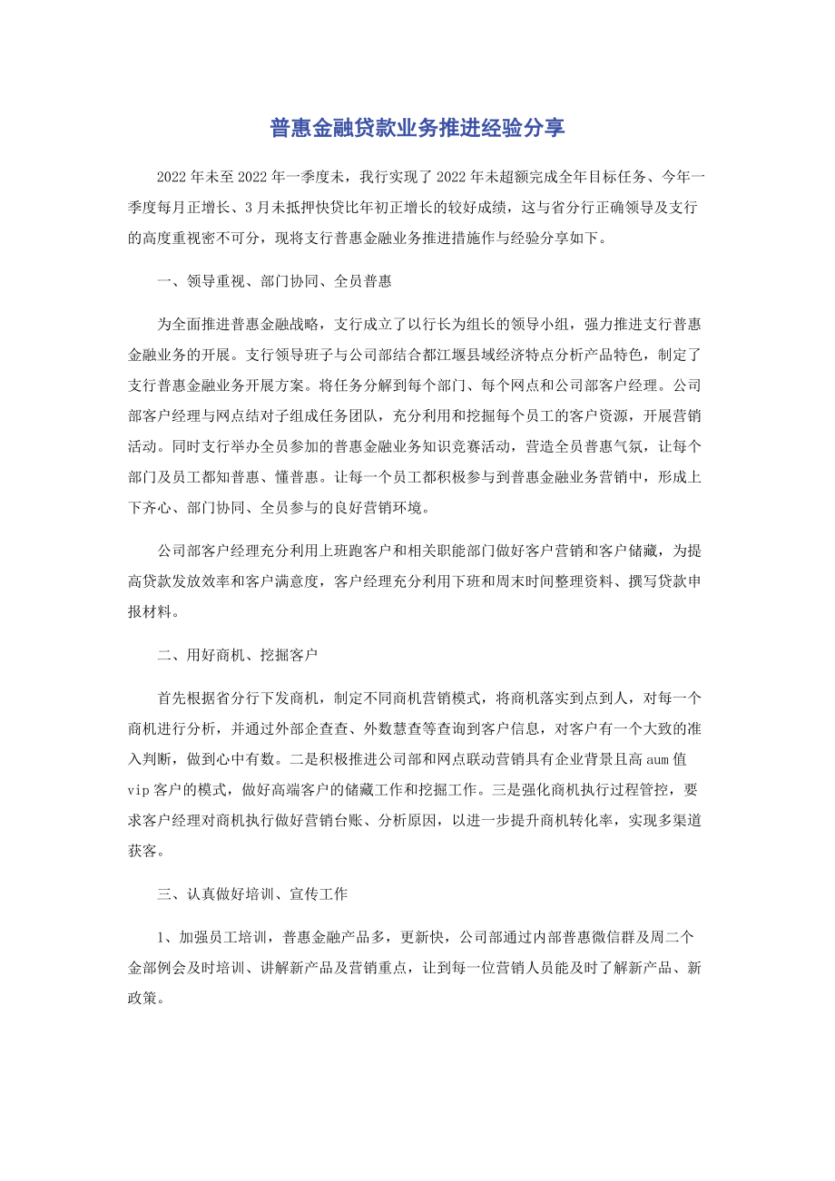 2023年普惠金融贷款业务推进经验分享.docx_第1页