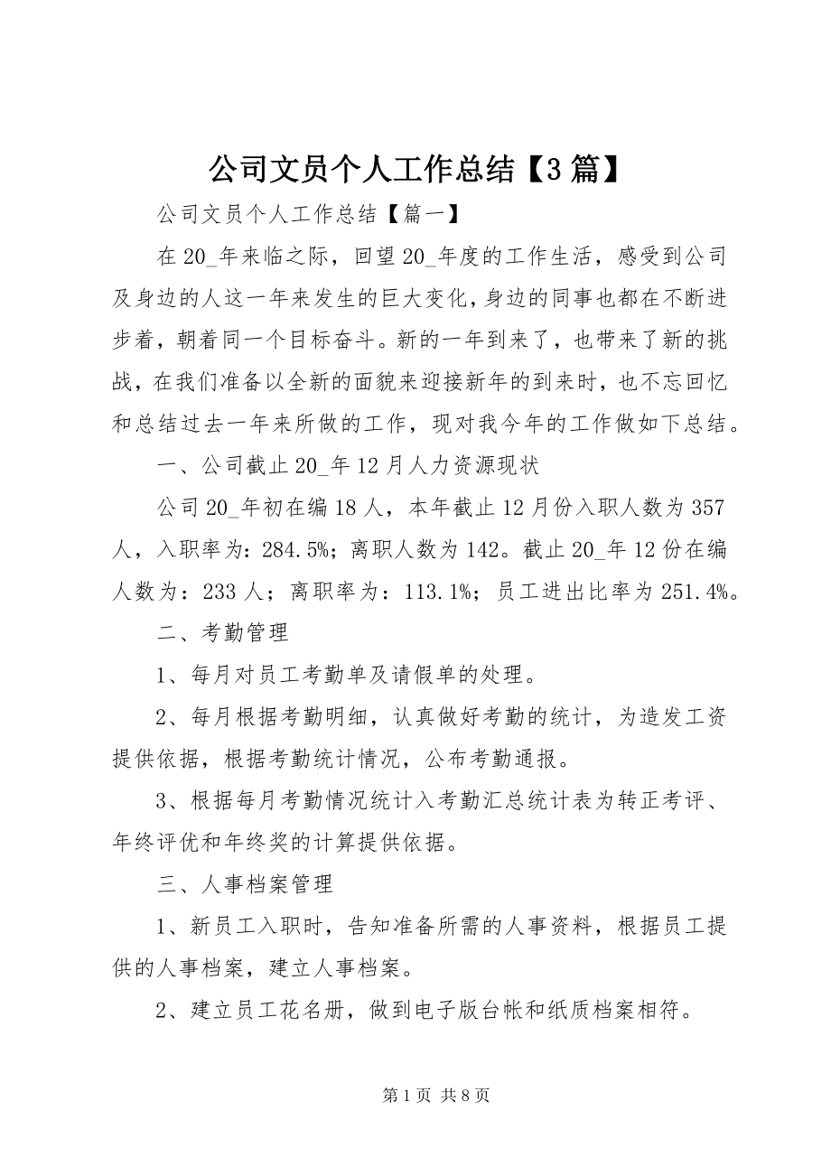 2023年公司文员个人工作总结3篇.docx_第1页