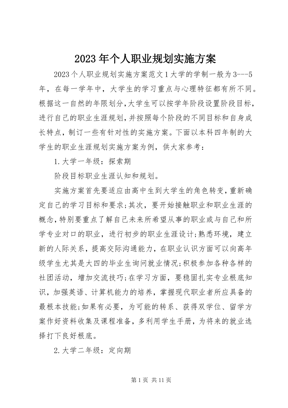 2023年个人职业规划实施方案.docx_第1页