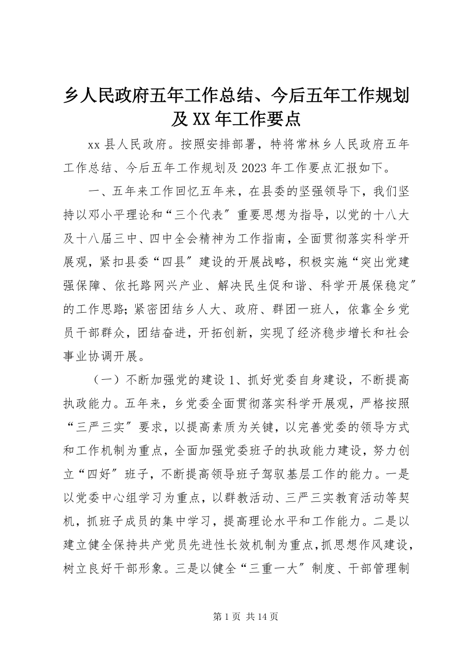 2023年乡人民政府五年工作总结今后五年工作规划及工作要点.docx_第1页