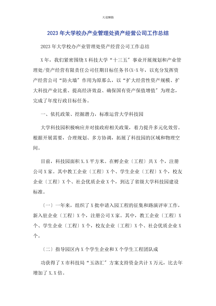 2023年大学校办产业管理处资产经营公司工作总结.docx_第1页