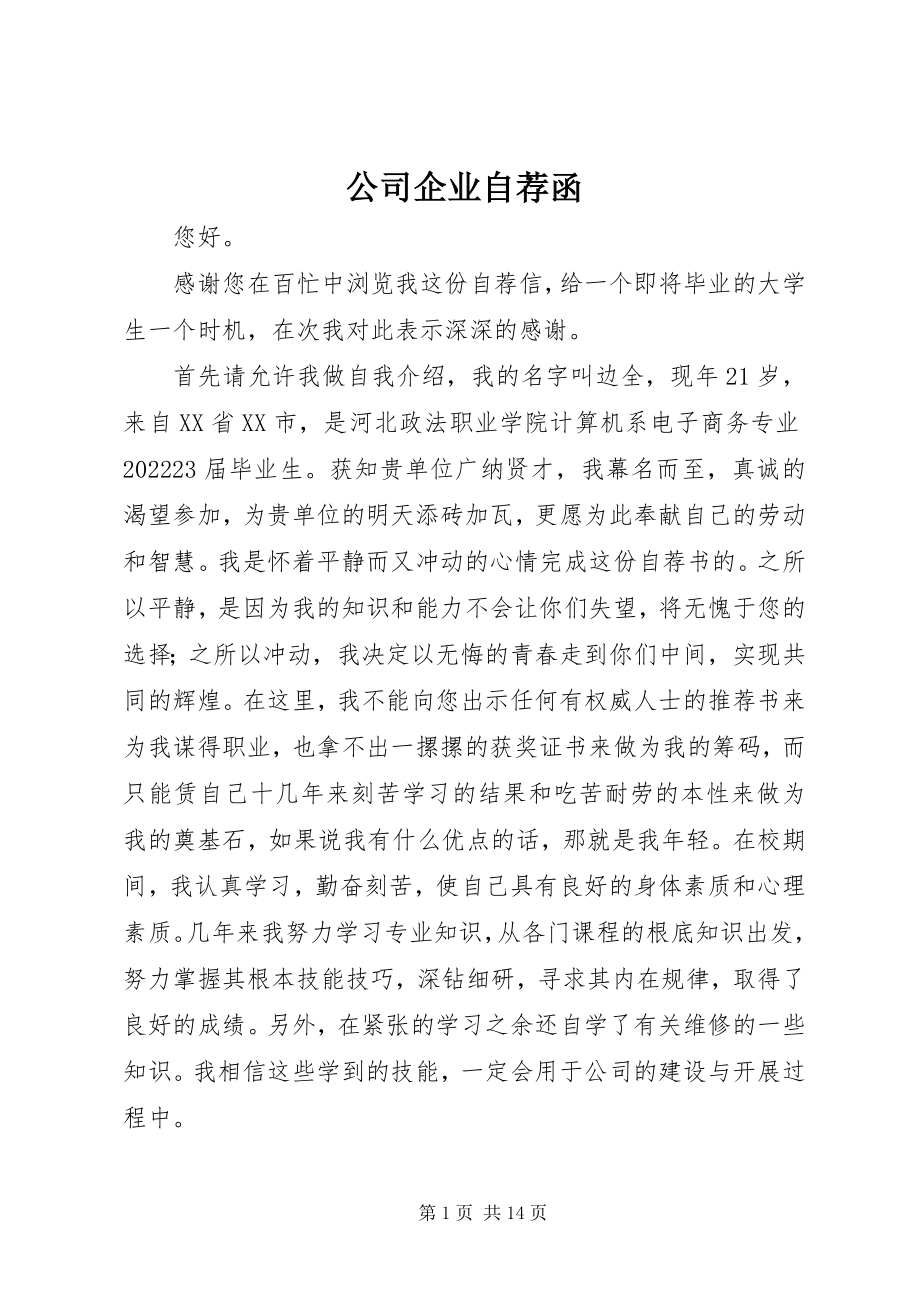 2023年公司企业自荐函.docx_第1页