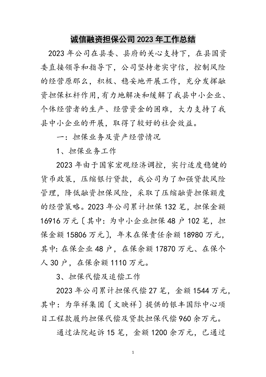 2023年诚信融资担保公司年工作总结范文.doc_第1页