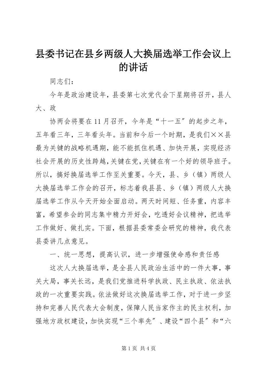 2023年县委书记在县乡两级人大换届选举工作会议上的致辞.docx_第1页