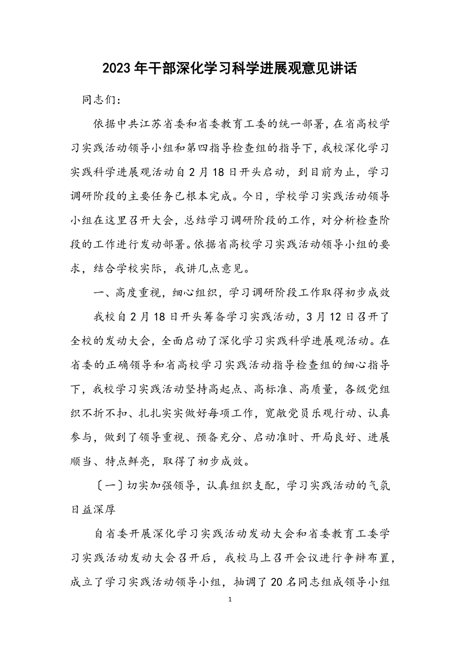 2023年干部深入学习科学发展观意见讲话.docx_第1页