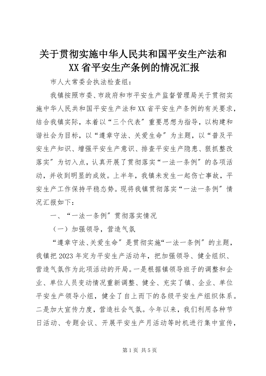 2023年贯彻实施《中华人民共和国安全生产法》和《XX省安全生产条例》的情况汇报.docx_第1页