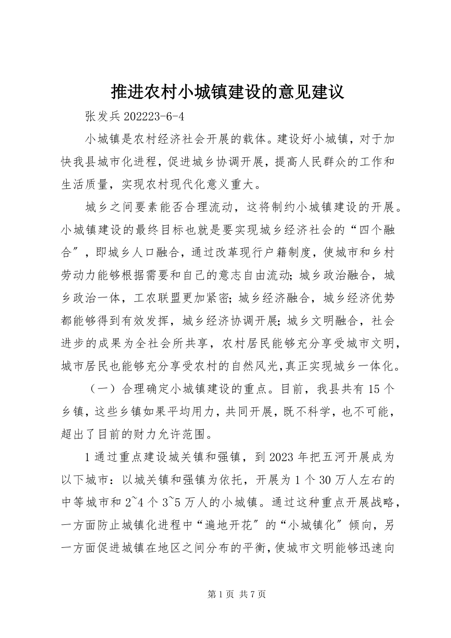 2023年推进农村小城镇建设的意见建议.docx_第1页