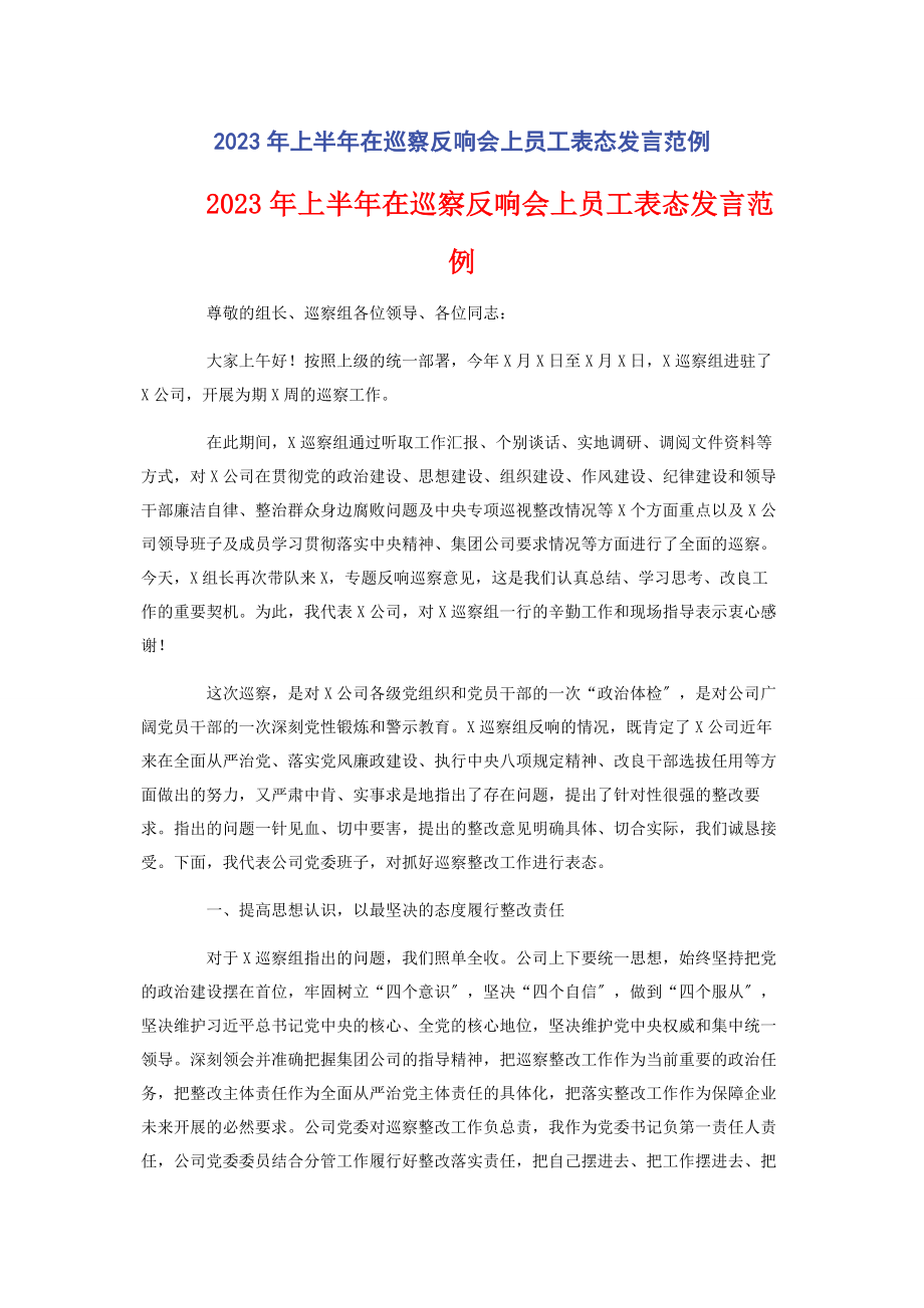 2023年上半在巡察反馈会上员工表态发言范例.docx_第1页