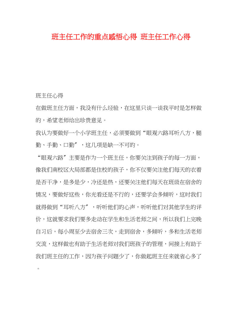 2023年班主任工作的重点感悟心得班主任工作心得.docx_第1页