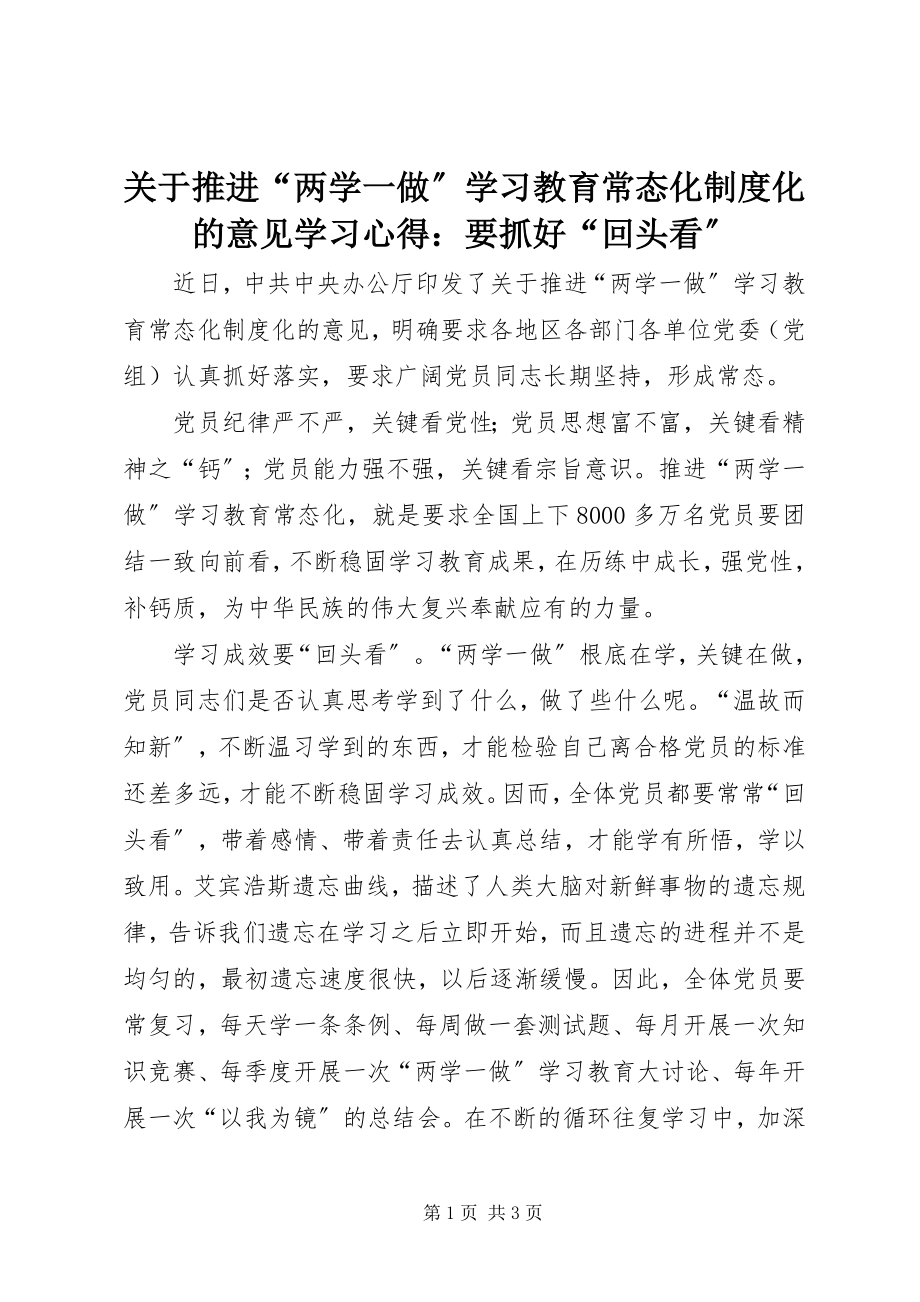 2023年《关于推进两学一做学习教育常态化制度化的意见》学习心得要抓好回头看.docx_第1页