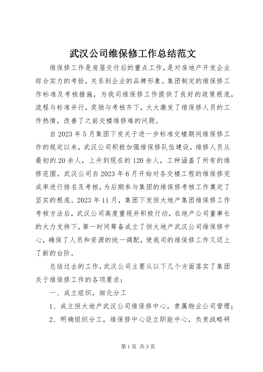 2023年武汉公司维保修工作总结.docx_第1页