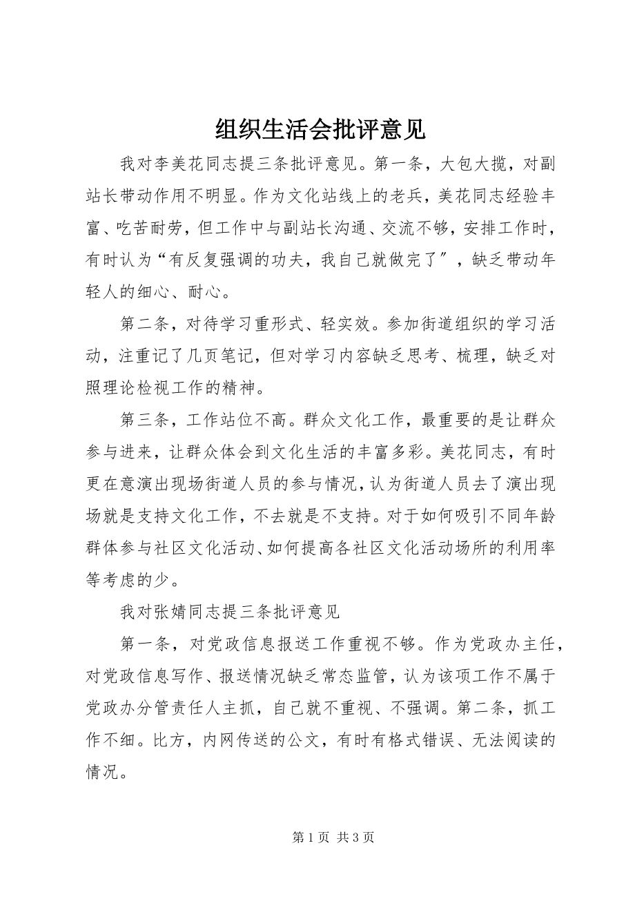 2023年组织生活会批评意见.docx_第1页