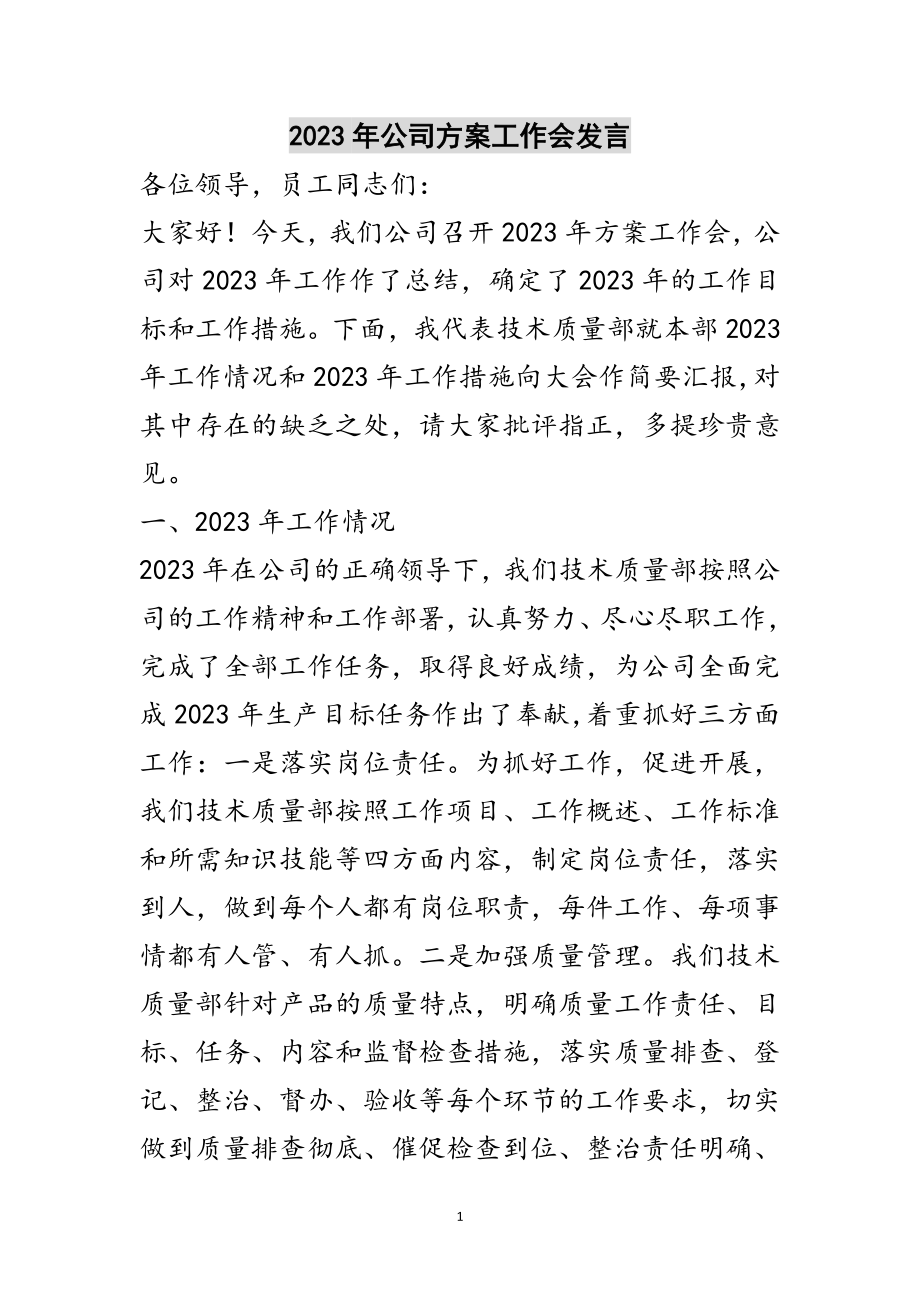 2023年年公司计划工作会发言范文.doc_第1页