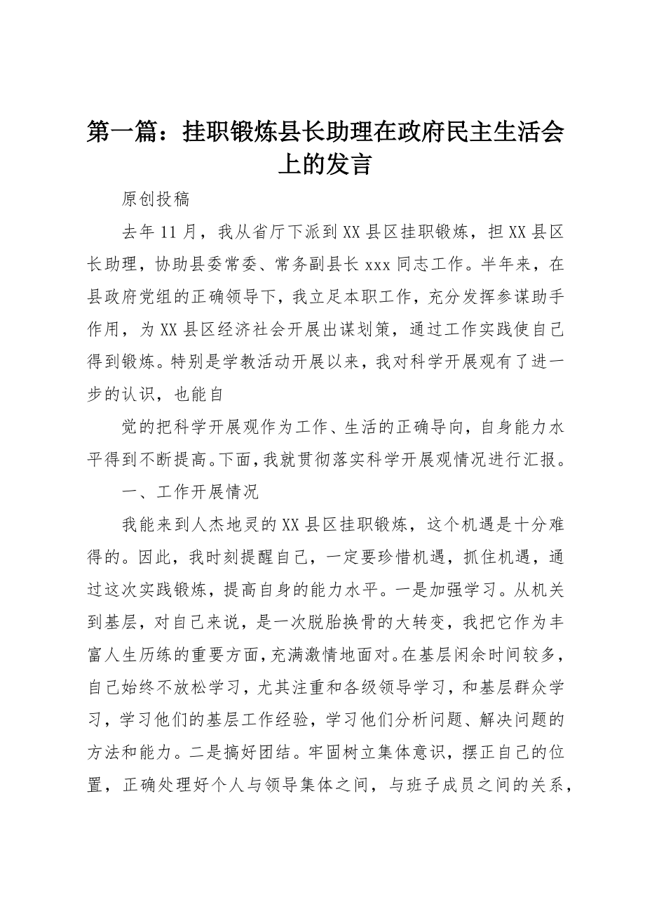 2023年xx挂职锻炼县长助理在政府民主生活会上的讲话新编.docx_第1页