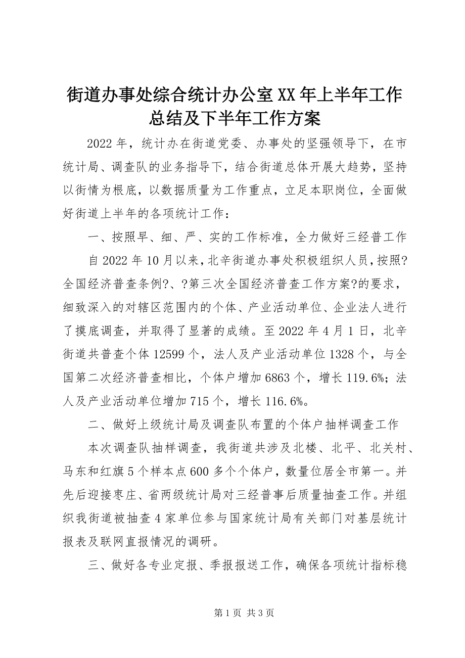 2023年街道办事处综合统计办公室上半年工作总结及下半工作计划.docx_第1页