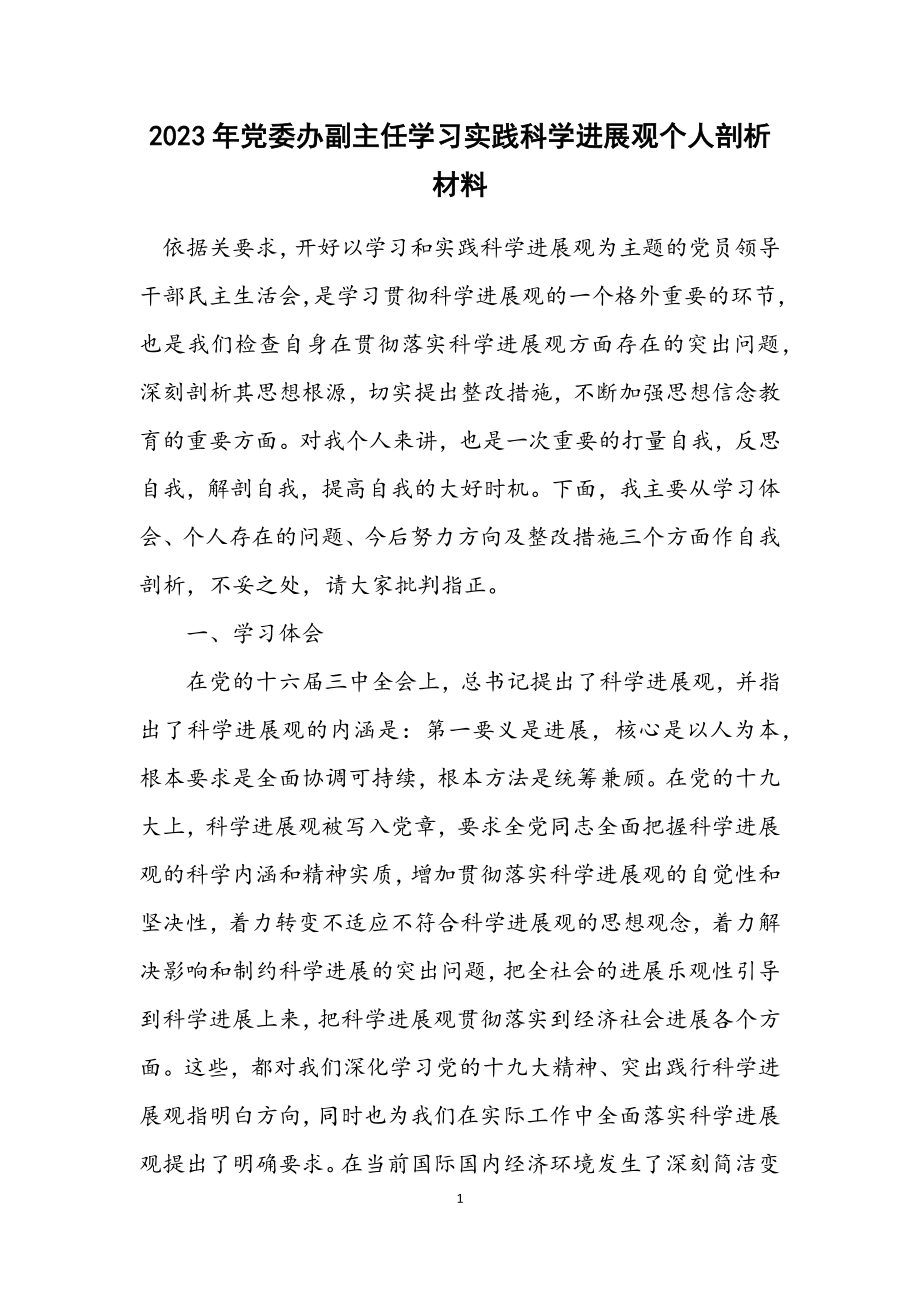 2023年党委办副主任学习实践科学发展观个人剖析材料.docx_第1页