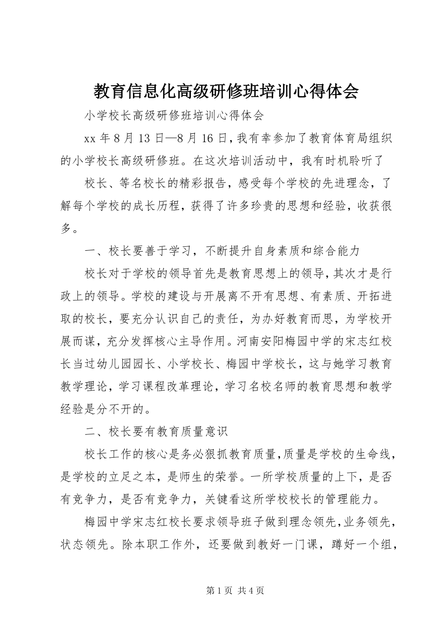 2023年教育信息化高级研修班培训心得体会.docx_第1页