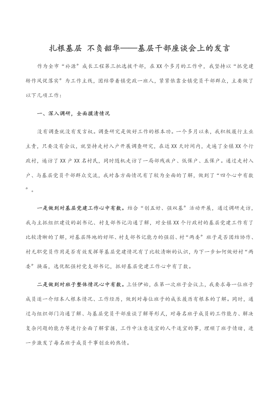 2023年扎根基层 不负韶华——基层干部座谈会上的发言.docx_第1页