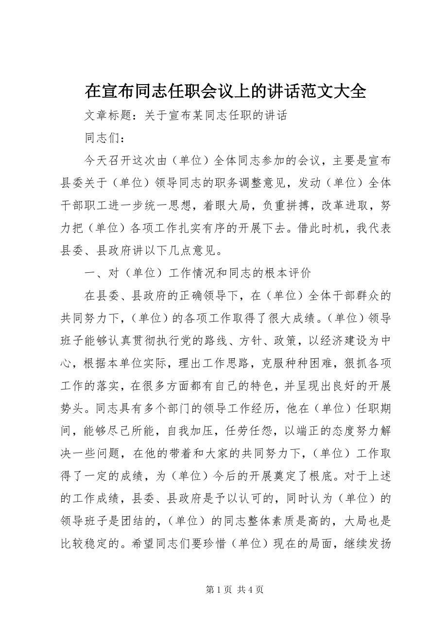 2023年在宣布同志任职会议上的致辞大全.docx_第1页