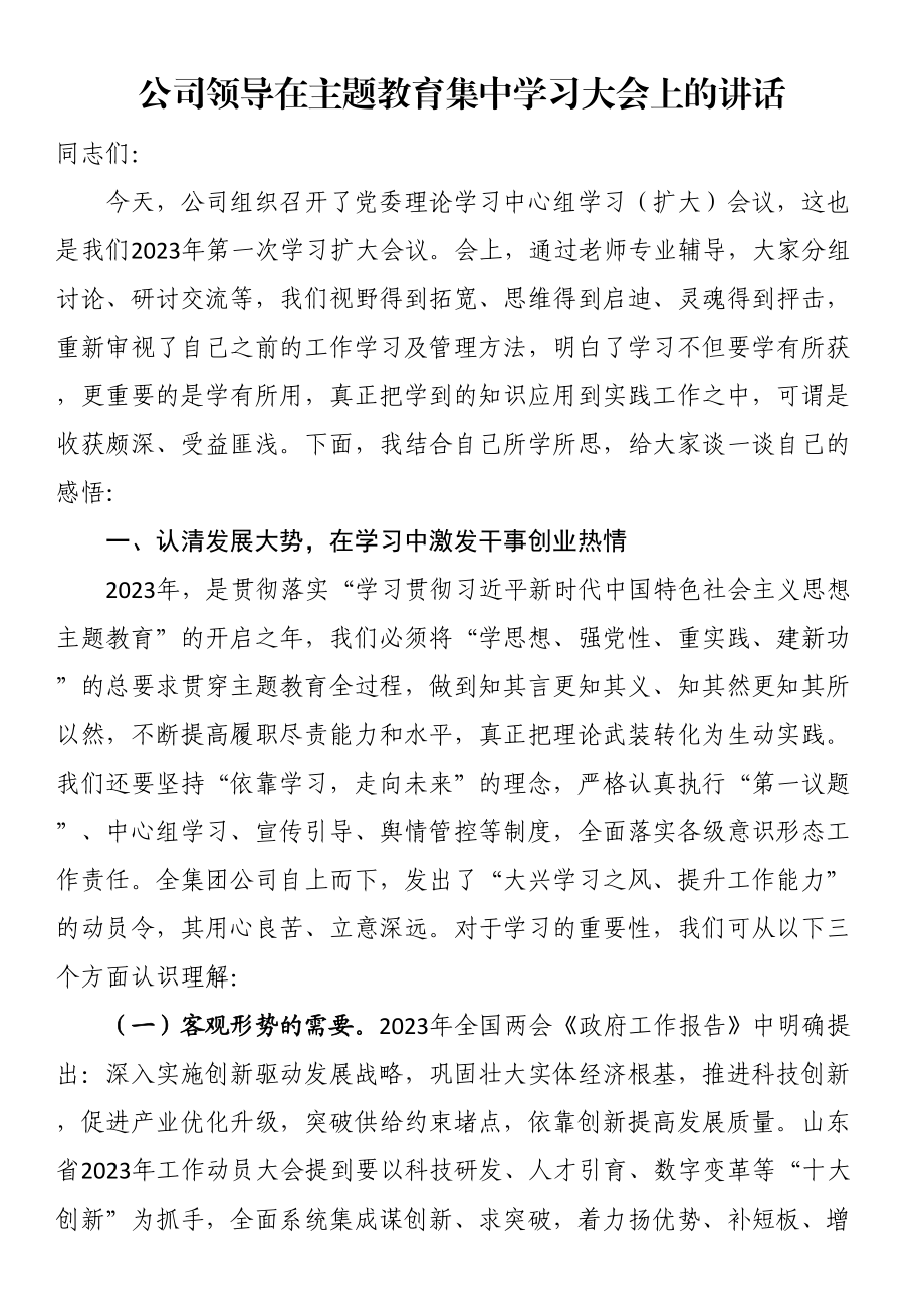 公司领导在主题教育集中学习大会上的讲话 .docx_第1页