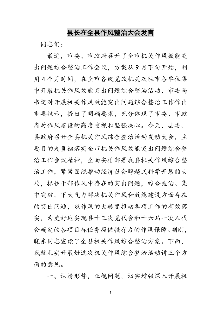 2023年县长在全县作风整治大会发言范文.doc_第1页