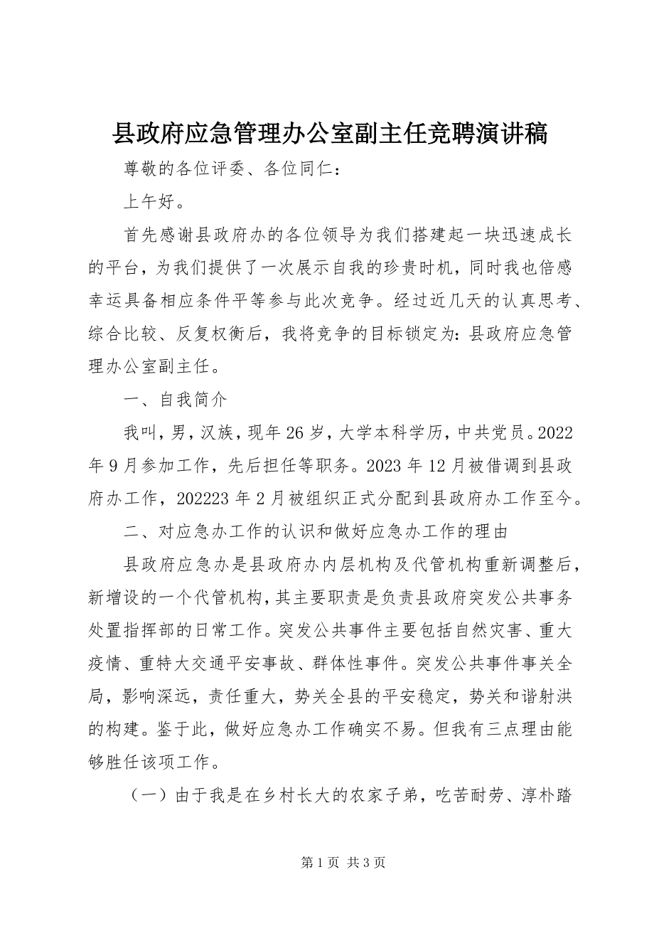 2023年县政府应急管理办公室副主任竞聘演讲稿.docx_第1页