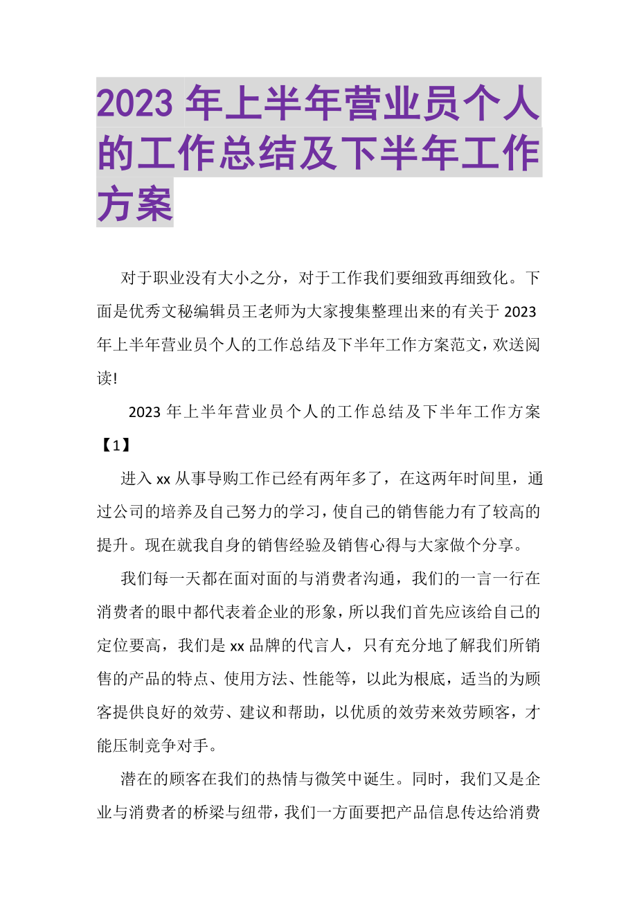 2023年上半年营业员个人的工作总结及下半年工作计划.doc_第1页