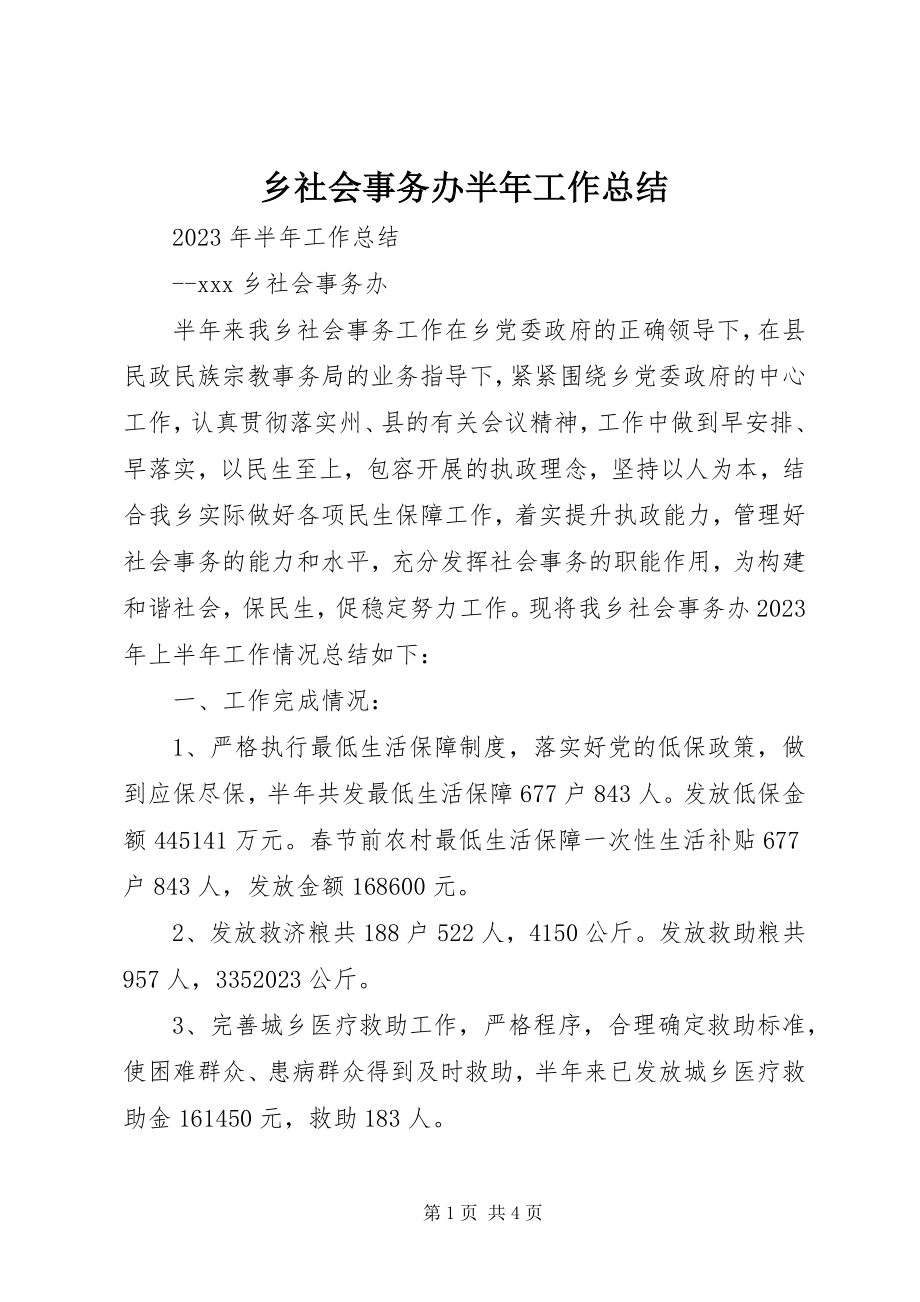 2023年乡社会事务办半年工作总结.docx_第1页