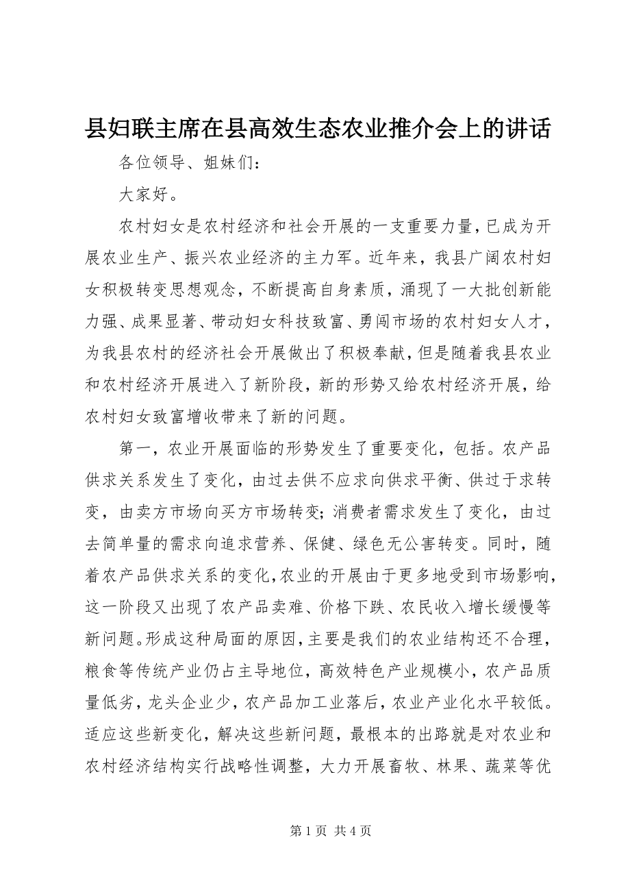 2023年县妇联主席在县高效生态农业推介会上的致辞.docx_第1页