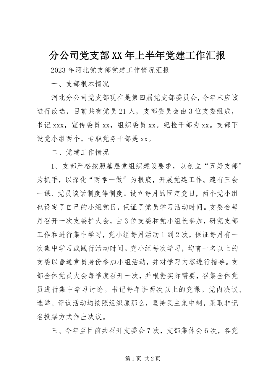 2023年分公司党支部某年上半年党建工作汇报.docx_第1页