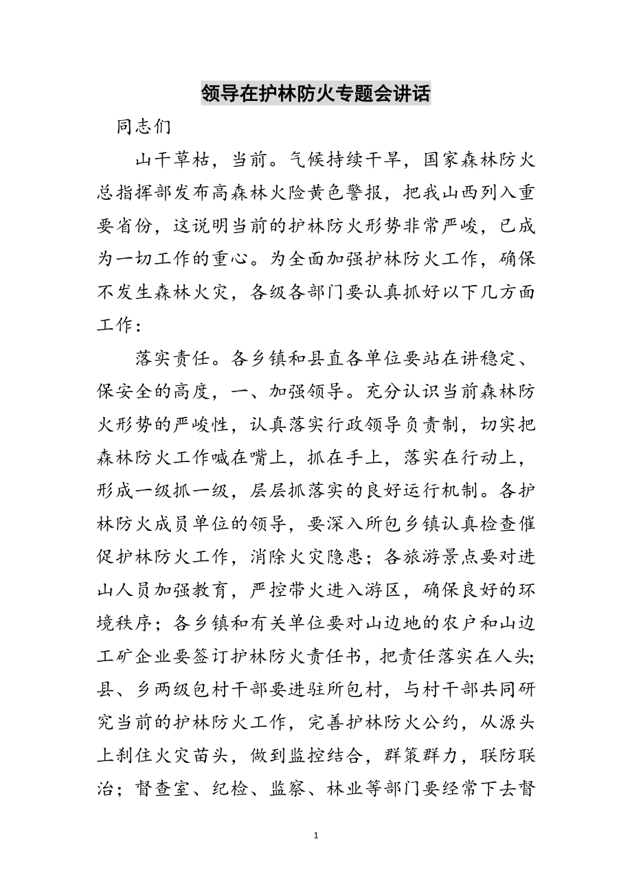 2023年领导在护林防火专题会讲话范文.doc_第1页