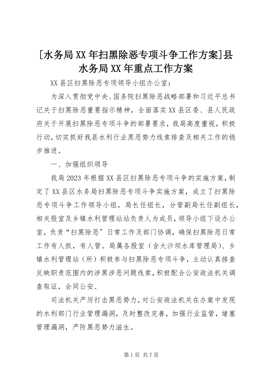 2023年水务局扫黑除恶专项斗争工作计划县水务局重点工作计划.docx_第1页