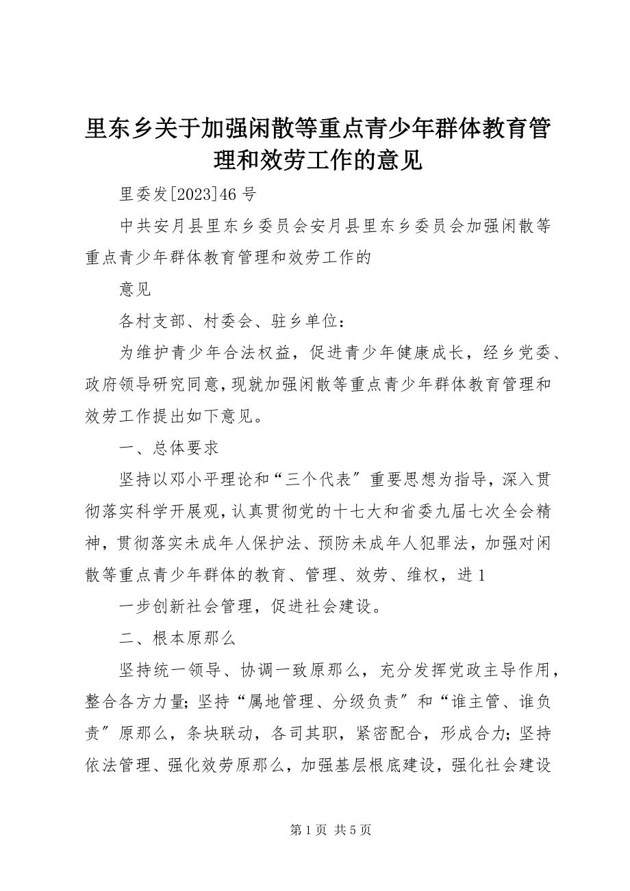 2023年里东乡关于加强闲散等重点青少群体教育管理和服务工作的意见.docx_第1页