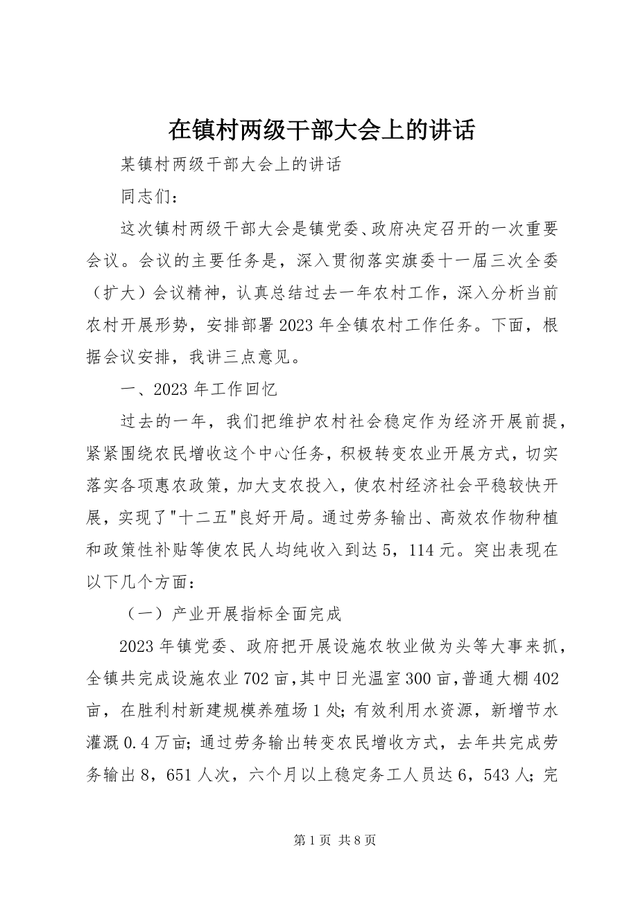 2023年在镇村两级干部大会上的致辞.docx_第1页