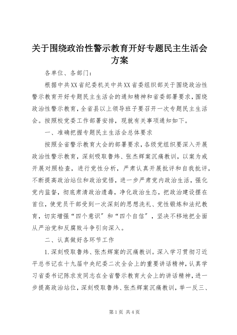 2023年围绕政治性警示教育开好专题民主生活会方案.docx_第1页