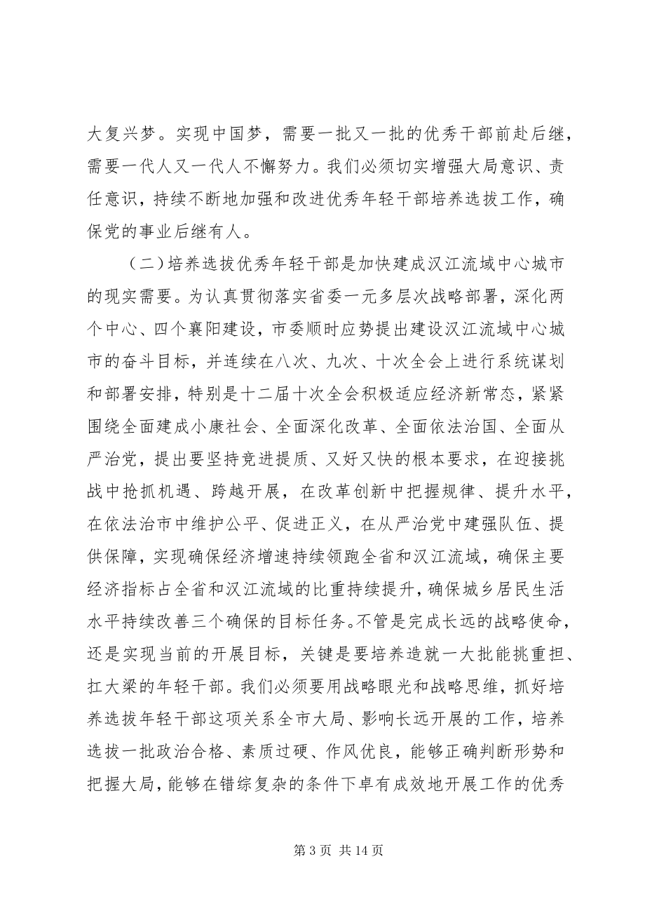 2023年全市优秀年轻干部培养选拔工作座谈会致辞稿.docx_第3页