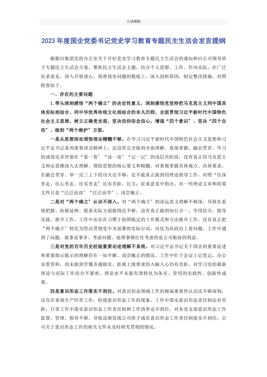 2023年度国企党委书记党史学习教育专题民主生活会发言提纲2.docx_第1页