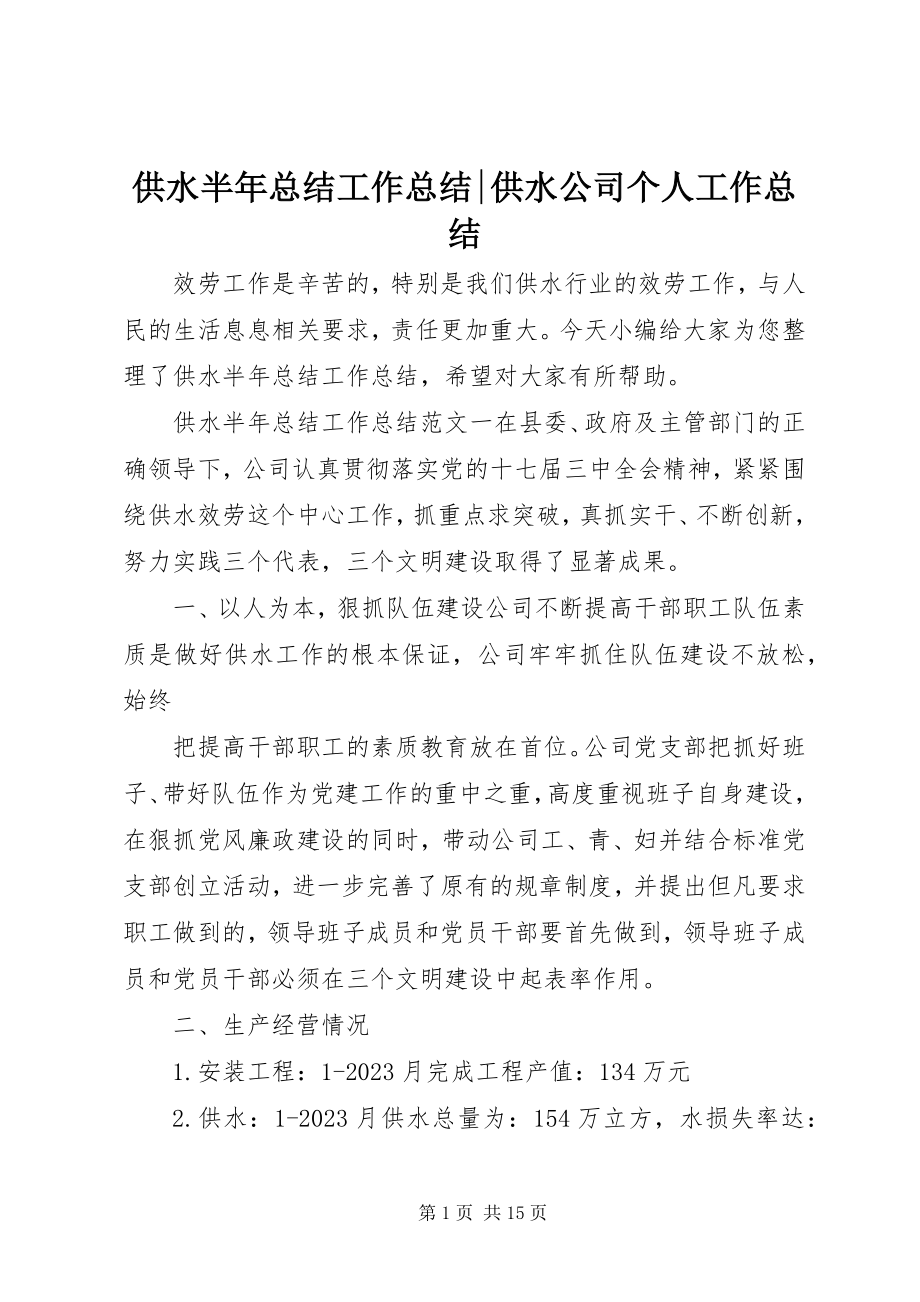 2023年供水半年总结工作总结供水公司个人工作总结.docx_第1页