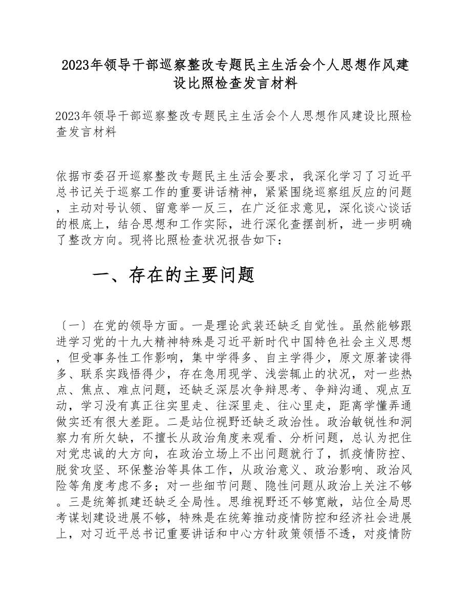 2023年领导干部巡视整改专题民主生活会个人思想作风建设对照检查发言材料.doc_第1页